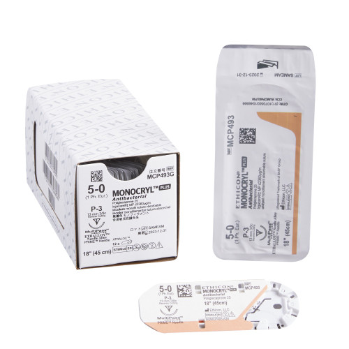 J & J Healthcare Systems MCP493G - Absorbable Antibacterial Suture with Needle Monocryl™ Plus Poliglecaprone 25 with Irgacare MP Antibacterial Suture P-3 3/8 Circle Precision Reverse Cutting Needle Size 5-0 Monofilament J & J Healthcare Systems MCP493G - Absorbable Antibacterial Suture with Needle Monocryl™ Plus Poliglecaprone 25 with Irgacare MP Antibacterial Suture P-3 3/8 Circle Precision Reverse Cutting Needle Size 5-0 Monofilament