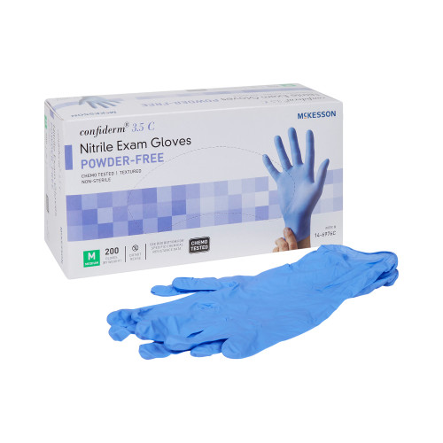 McKesson 14-6976C - Exam Glove McKesson Confiderm® 3.5C Medium NonSterile Nitrile Standard Cuff Length Textured Fingertips Blue Chemo Tested