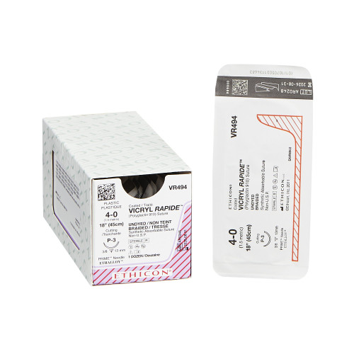 J & J Healthcare Systems VR494 - Absorbable Suture with Needle Vicryl™ Rapide Polyglactin 910 P-3 3/8 Circle Precision Reverse Cutting Needle Size 4-0 Braided J & J Healthcare Systems VR494 - Absorbable Suture with Needle Vicryl™ Rapide Polyglactin 910 P-3 3/8 Circle Precision Reverse Cutting Needle Size 4-0 Braided