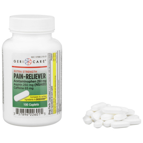 Geri-Care 226-01-GCP - Pain Relief McKesson Brand 250 mg - 250 mg - 65 mg Strength Acetaminophen / Aspirin / Caffeine Caplet 100 per Bottle Geri-Care 226-01-GCP - Pain Relief McKesson Brand 250 mg - 250 mg - 65 mg Strength Acetaminophen / Aspirin / Caffeine Caplet 100 per Bottle