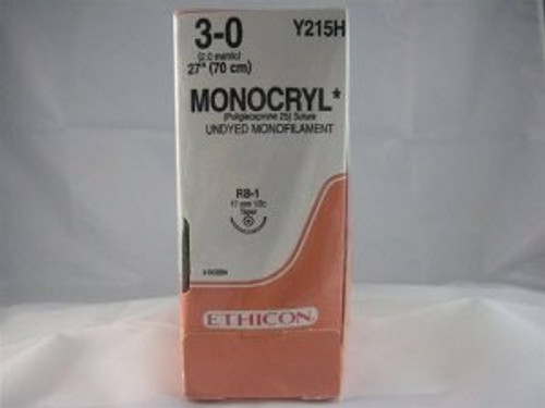 J & J Healthcare Systems Y215H - Absorbable Suture with Needle Monocryl™ Poliglecaprone RB-1 1/2 Circle Taper Point Needle Size 3-0 Monofilament J & J Healthcare Systems Y215H - Absorbable Suture with Needle Monocryl™ Poliglecaprone RB-1 1/2 Circle Taper Point Needle Size 3-0 Monofilament
