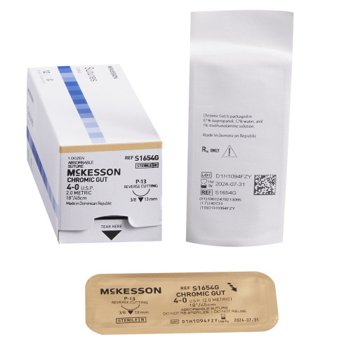 McKesson S1654G - Absorbable Suture with Needle McKesson Chromic Gut P-13 3/8 Circle Precision Reverse Cutting Needle Size 4-0