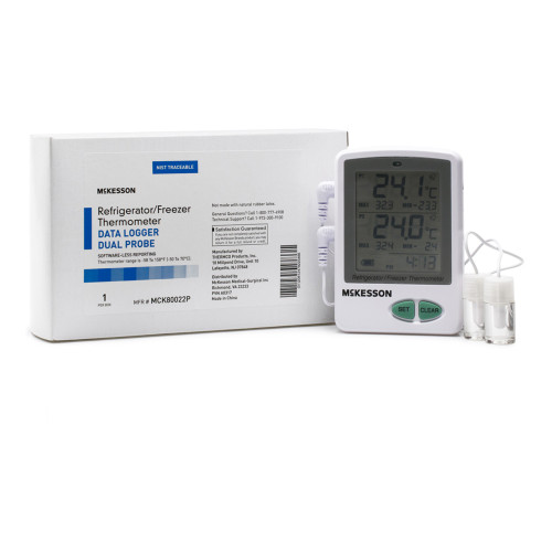 McKesson MCK80022P - Datalogging Refrigerator / Freezer Thermometer with Alarm McKesson Fahrenheit / Celsius -58° to +158°F (-50° to +70°C) 2 Glycol Bottle Probes / Internal Sensor Flip-out Stand Battery Operated