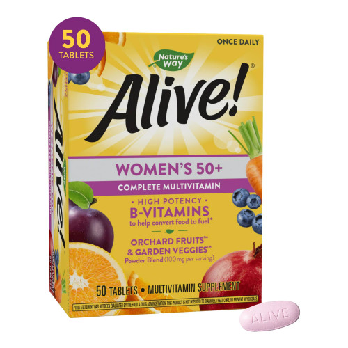 Nature's One, Inc 03367413662 - Multivitamin Supplement Alive!® Women’s 50+ Vitamin A / Vitamin C 900 mcg / 135 mg Strength Tablet 50 per Box
