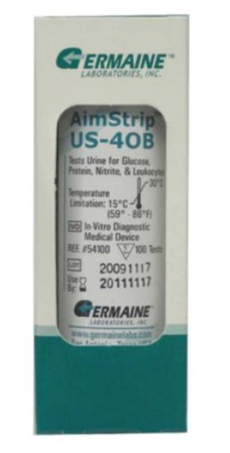 Germaine Laboratories Inc 54100 - Urinalysis Reagent AimStrip® US-40B Glucose, Protein, Nitrite, Leukocytes CLIA Waived For Aimstrip Urine Analyzer 2 / Aimstrip Auto Analyzer 100 Tests Germaine Laboratories Inc 54100 - Urinalysis Reagent AimStrip® US-40B Glucose, Protein, Nitrite, Leukocytes CLIA Waived For Aimstrip Urine Analyzer 2 / Aimstrip Auto Analyzer 100 Tests
