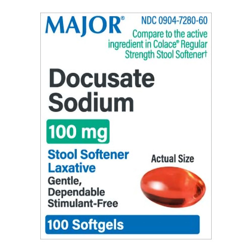 Major Pharmaceuticals 00904728060 - Stool Softener Major® Softgel 100 per Bottle 100 mg Strength Docusate Sodium Major Pharmaceuticals 00904728060 - Stool Softener Major® Softgel 100 per Bottle 100 mg Strength Docusate Sodium