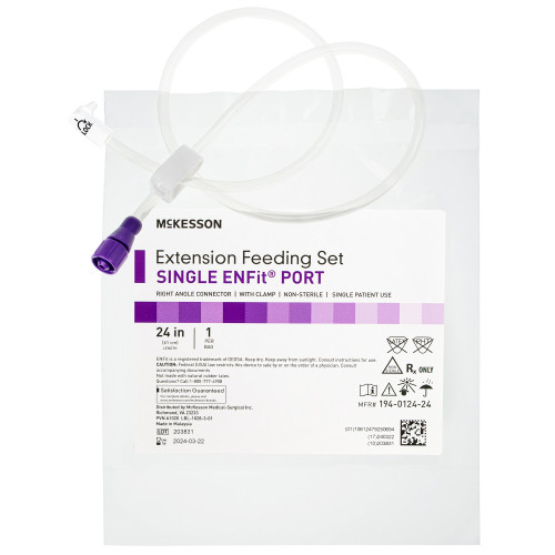 McKesson 194-0124-24 - Bolus Enteral Feeding Extension Tube Set McKesson 24 Inch, EnFit, Secure Lock Right Angle Connector and Clamp, NonSterile