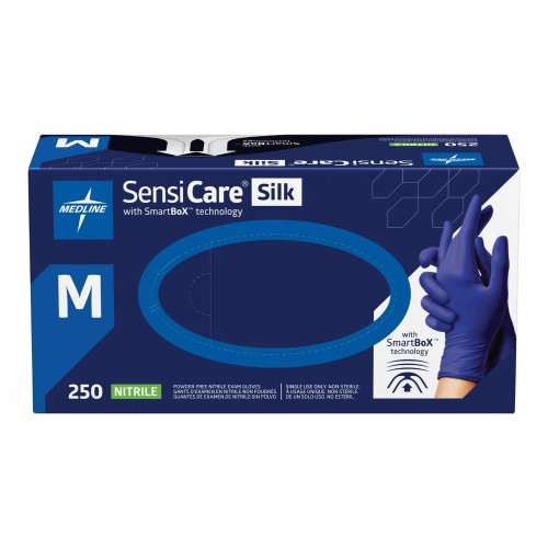 Medline MDSXB7585 - Exam Glove SensiCare® Silk Medium NonSterile Nitrile Standard Cuff Length Textured Fingertips Dark Blue Chemo Tested