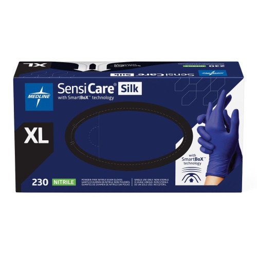 Medline MDSXB7587 - Exam Glove SensiCare® Silk X-Large NonSterile Nitrile Standard Cuff Length Textured Fingertips Dark Blue Chemo Tested
