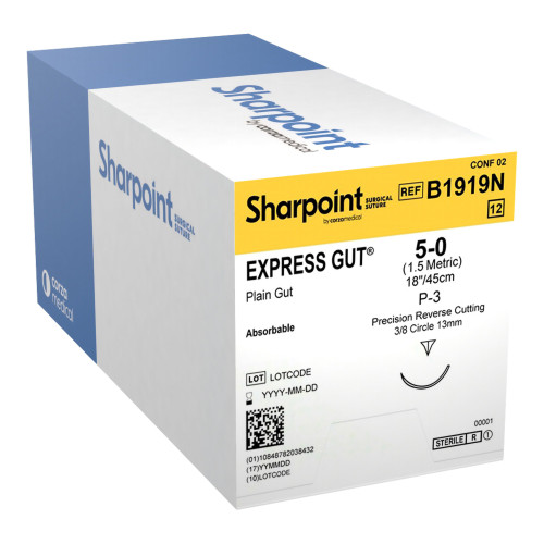 Surgical Specialties B1919N - Absorbable Suture with Needle Surgical Specialties™ Plain Gut P-3 3/8 Circle Precision Reverse Cutting Needle Size 5-0