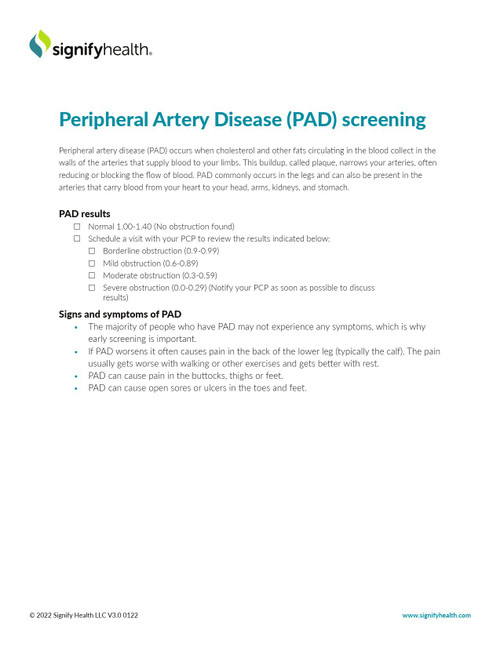 Safecor Health SIGNIFYPAD - Fact Sheet Signigyhealth Peripheral Artery Disease (PAD) Screening 8 X11 Inch