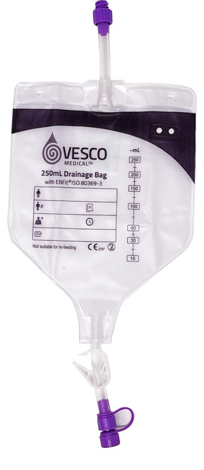 250mL PVC ENFit Drainage Bag with 30" (75cm)Tubing & Hanger
