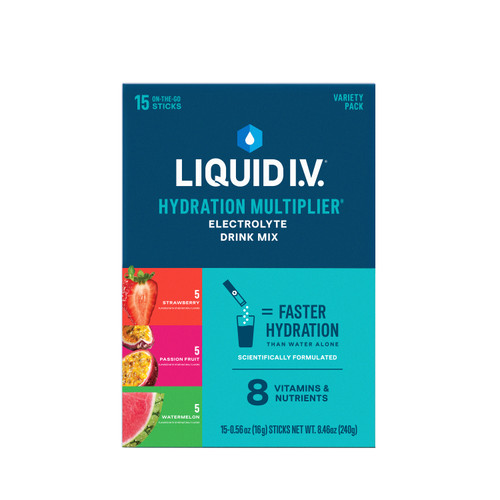 Liquid IV Electrolyte Drink Mix, Variety Pack (Strawberry, Passionfruit, Watermelon), 15 ct