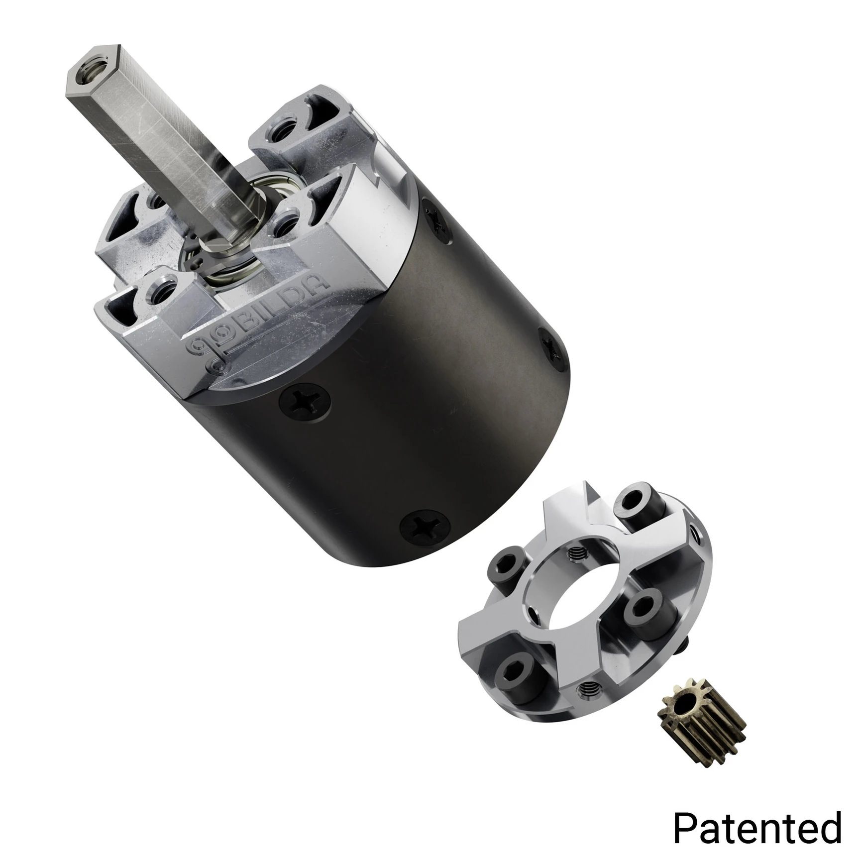 goBILDA 5103-0024-0019 19.2:1 planetary gearbox with input adapter and pinion (render)