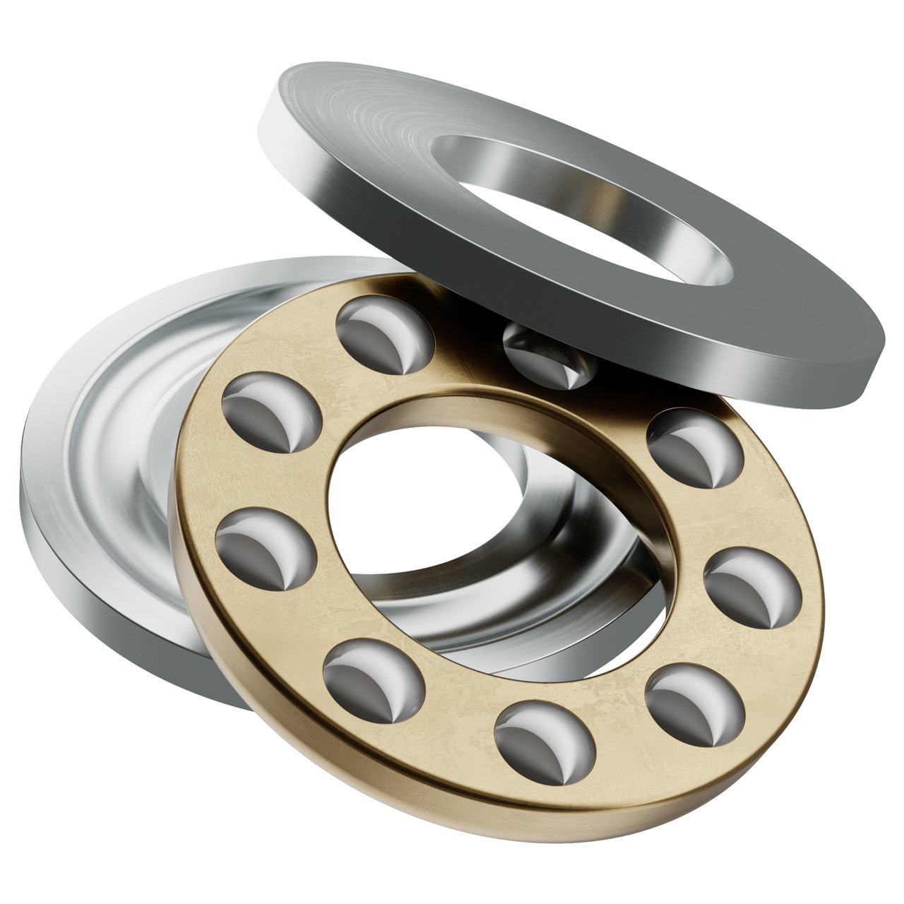 goBILDA 1613-0516-0008 8 mm thrust ball bearing — washers and bronze ball cage (render)