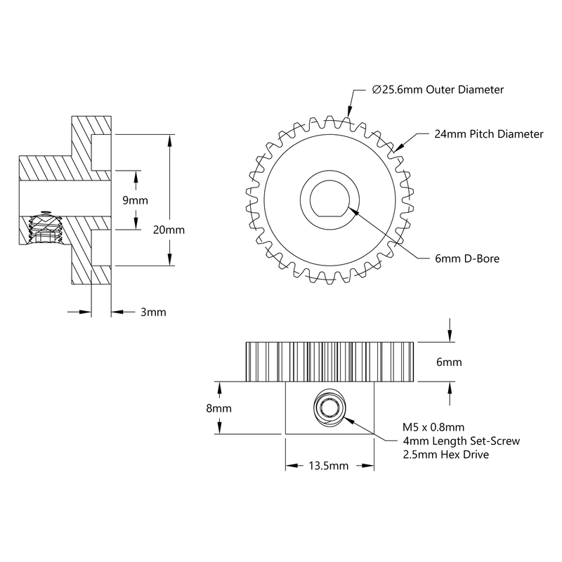 2303 Series Steel, MOD 0.8 Pinion Gear (6mm D-Bore, 30 Tooth