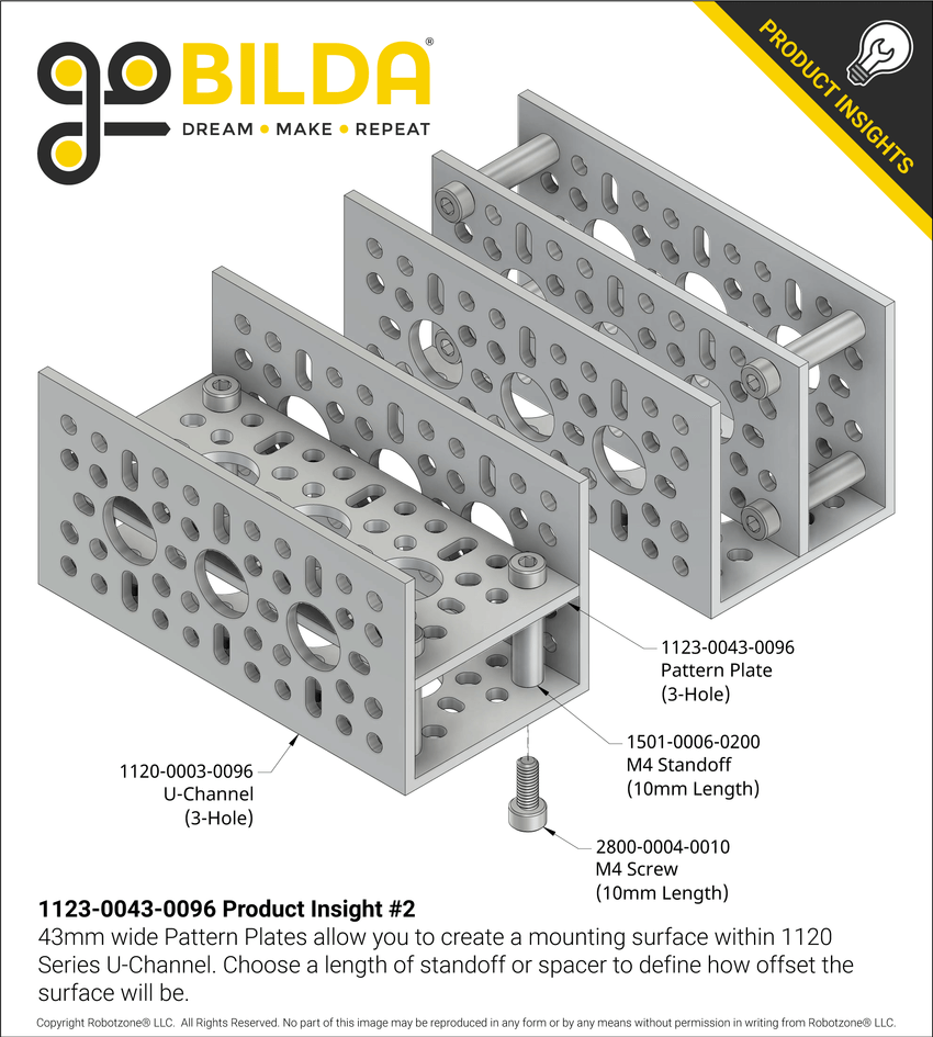 1123 Series Pattern Plate (1 x 3 Hole, 43 x 96mm) - goBILDA®