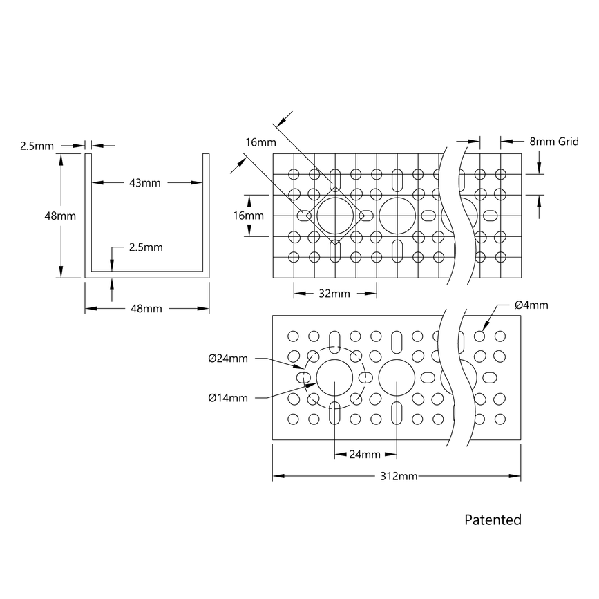 1120 Series U-Channel (12 Hole, 312mm Length)