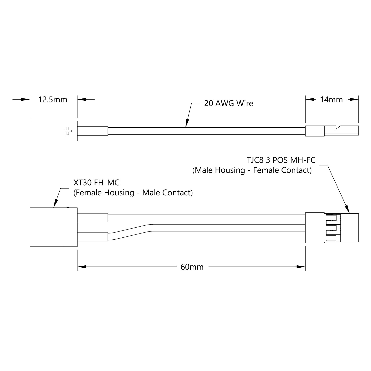 XT30 [FH-MC] to 2-Pos TJC8 Power Connector [MH-FC] Adaptor (60mm