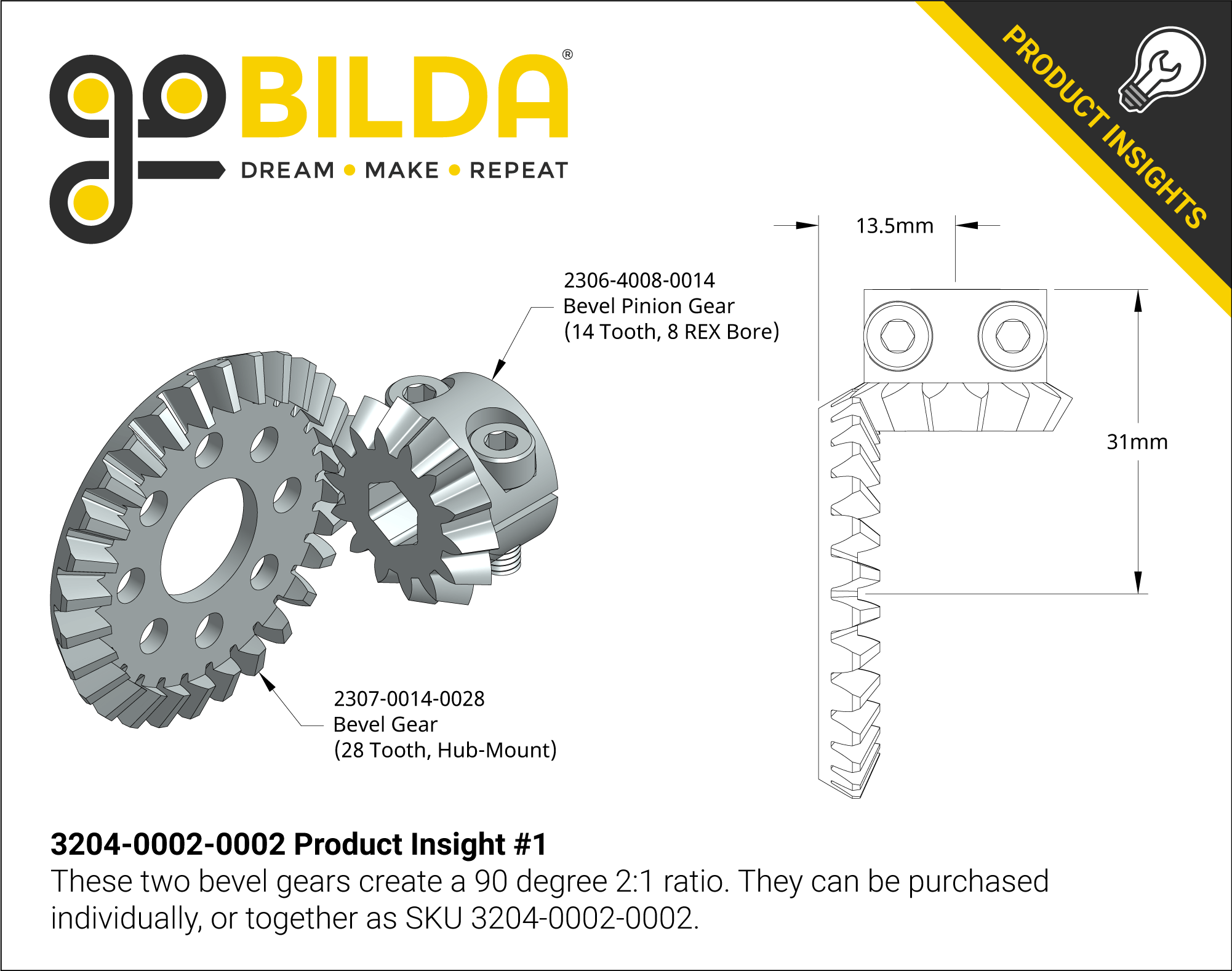 2:1 Ratio Bevel Gear Set (8mm REX™ Bore Pinion Gear) - goBILDA®