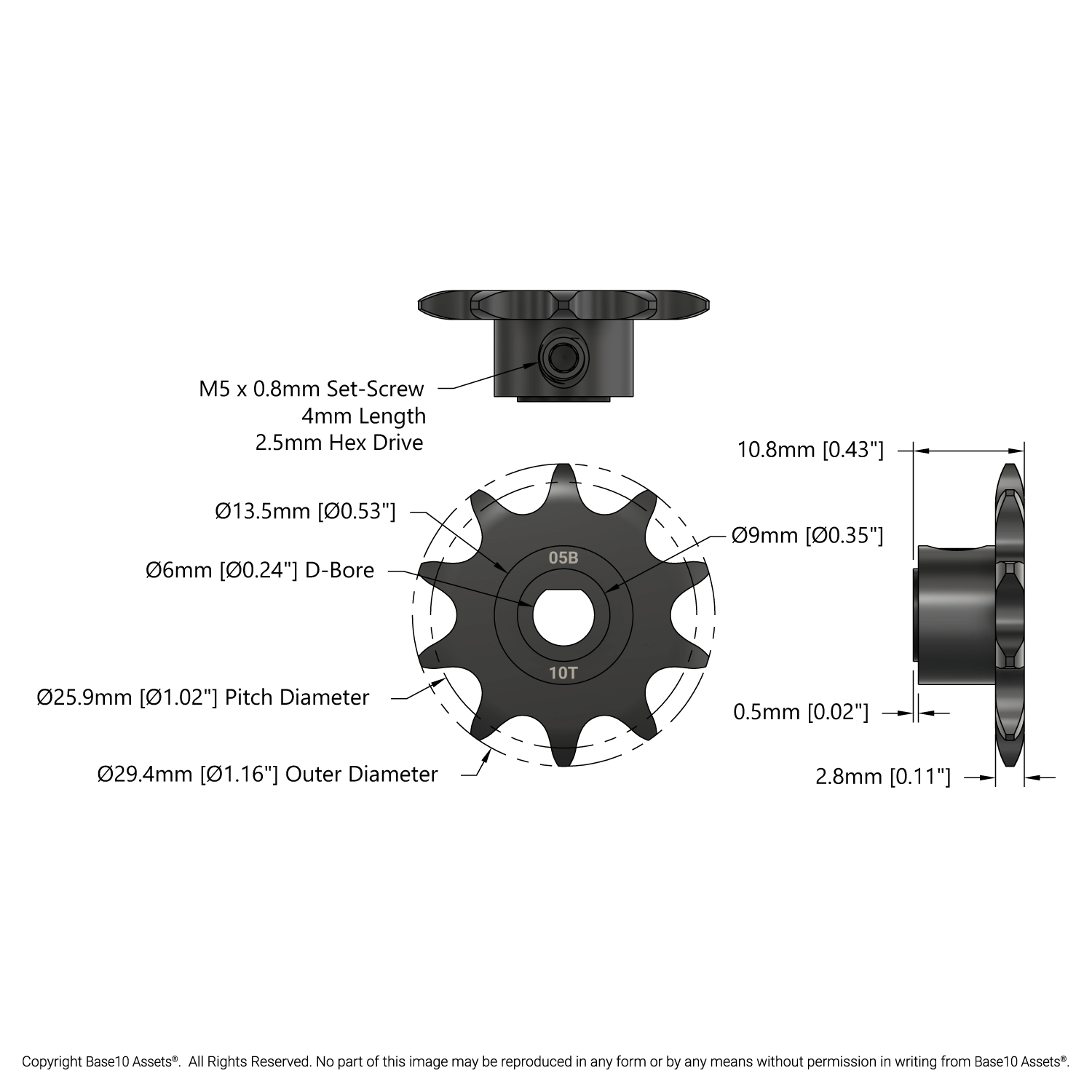 3307 Series 8mm Pitch Steel Set-Screw Sprocket (6mm D-Bore, 10
