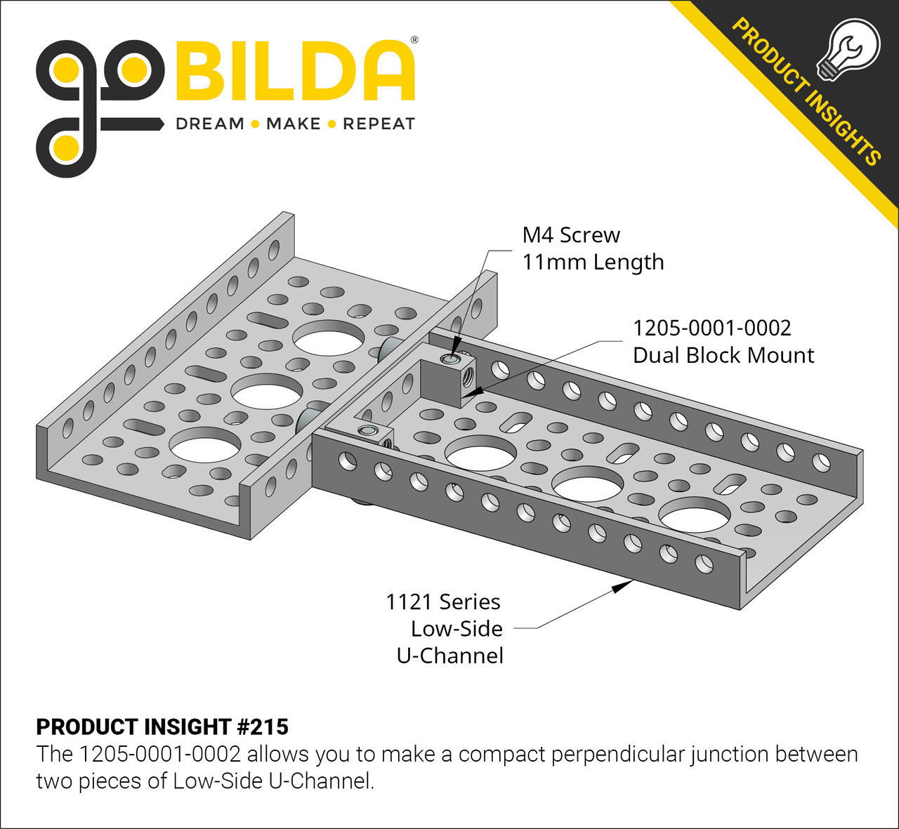 1121 Series Low-Side U-Channel (8 Hole, 216mm Length) - goBILDA®