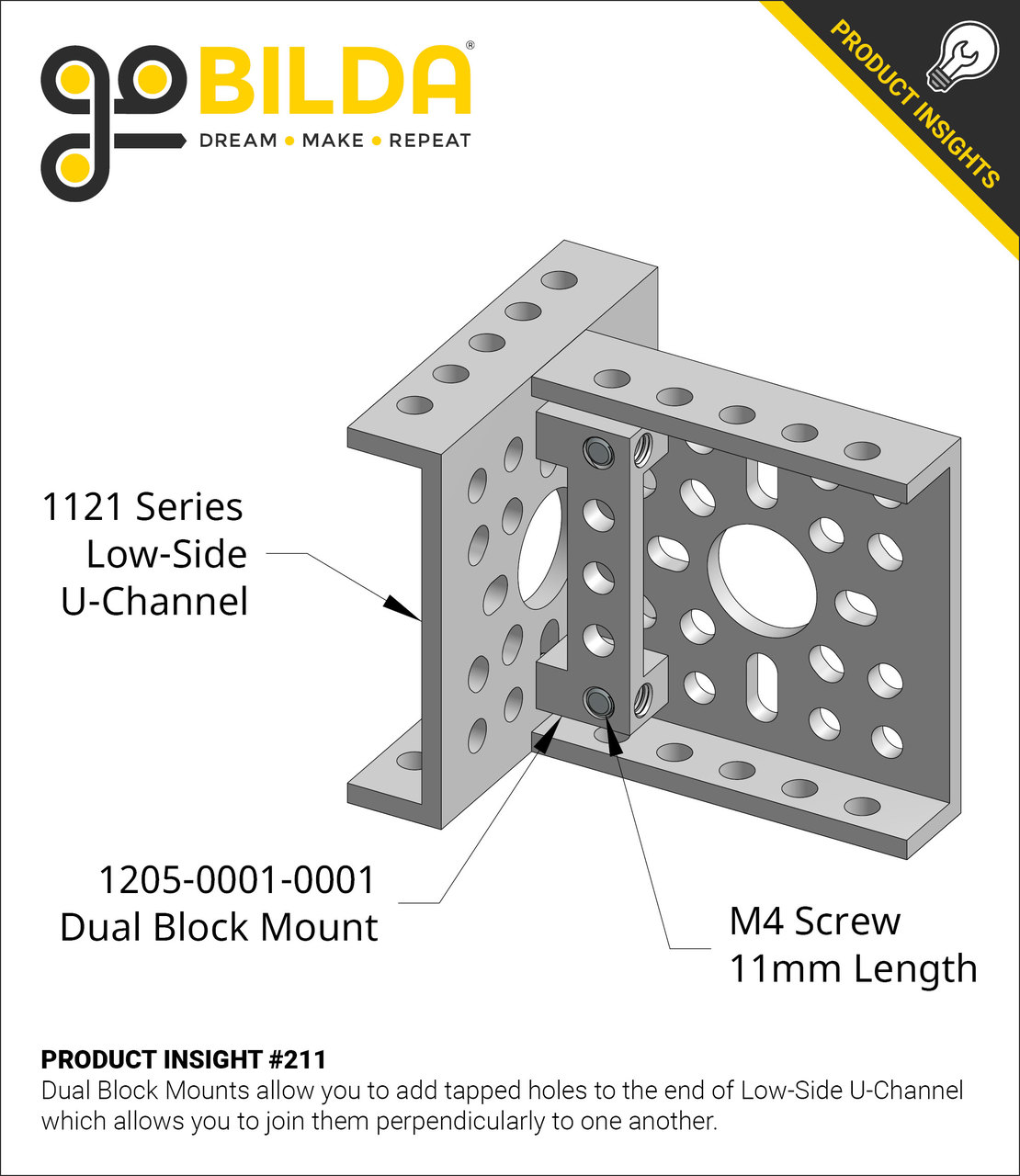 1121 Series Low-Side U-Channel (8 Hole, 216mm Length) - goBILDA®