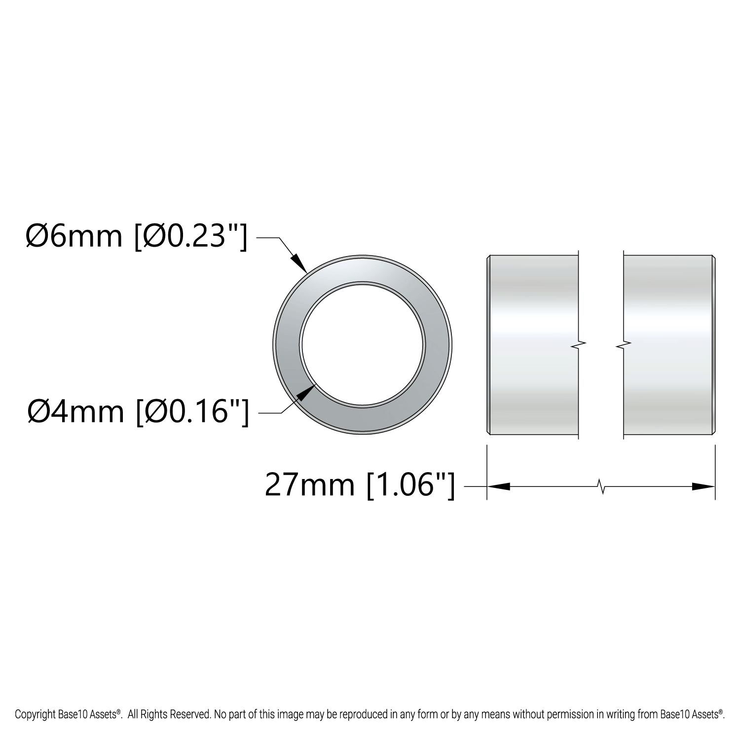 1502 Series 4mm ID Spacer (6mm OD, 27mm Length) - 4 Pack - goBILDA®