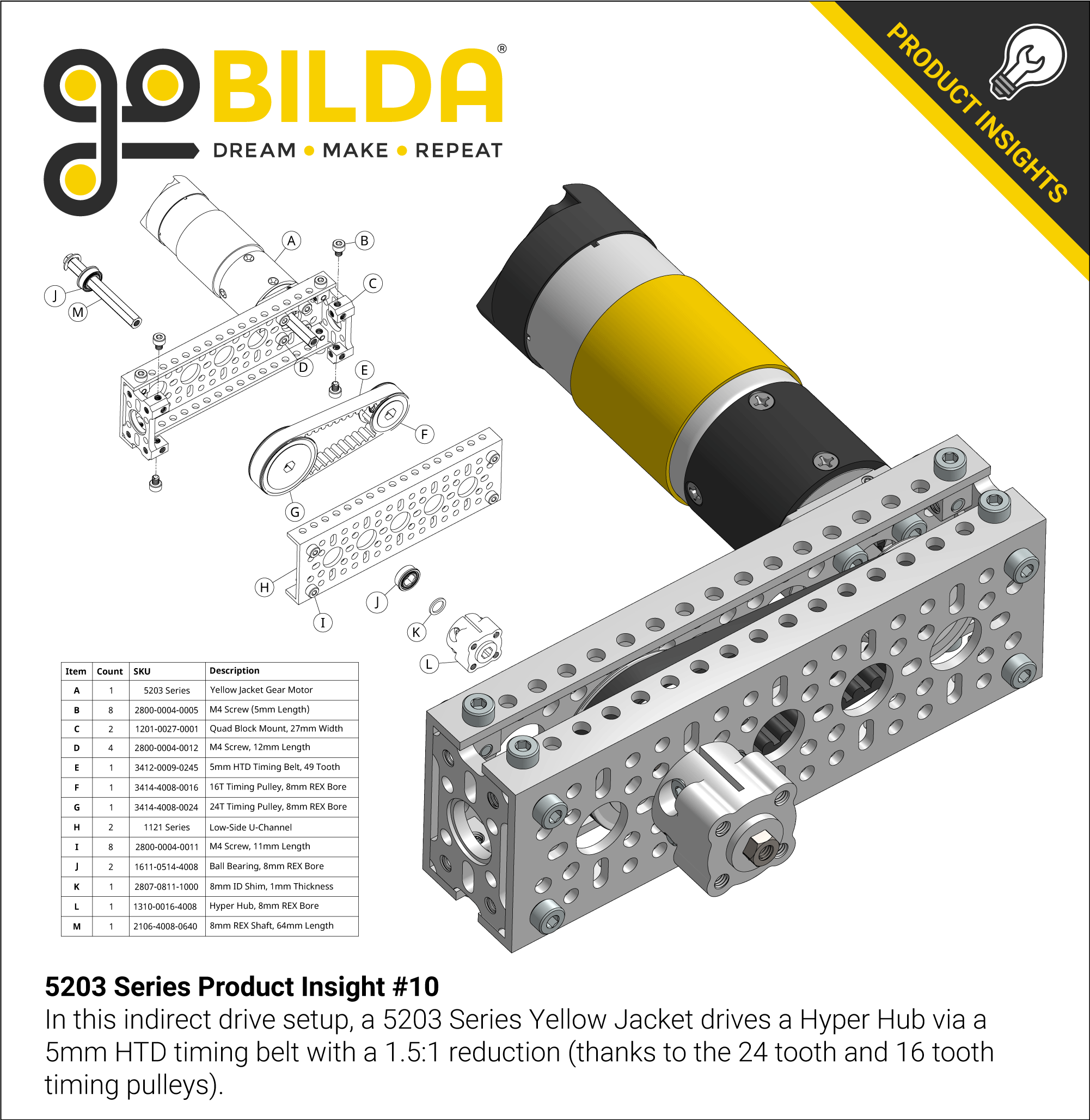 5203 Series Yellow Jacket Planetary Gear Motor (99.5:1 Ratio, 24mm