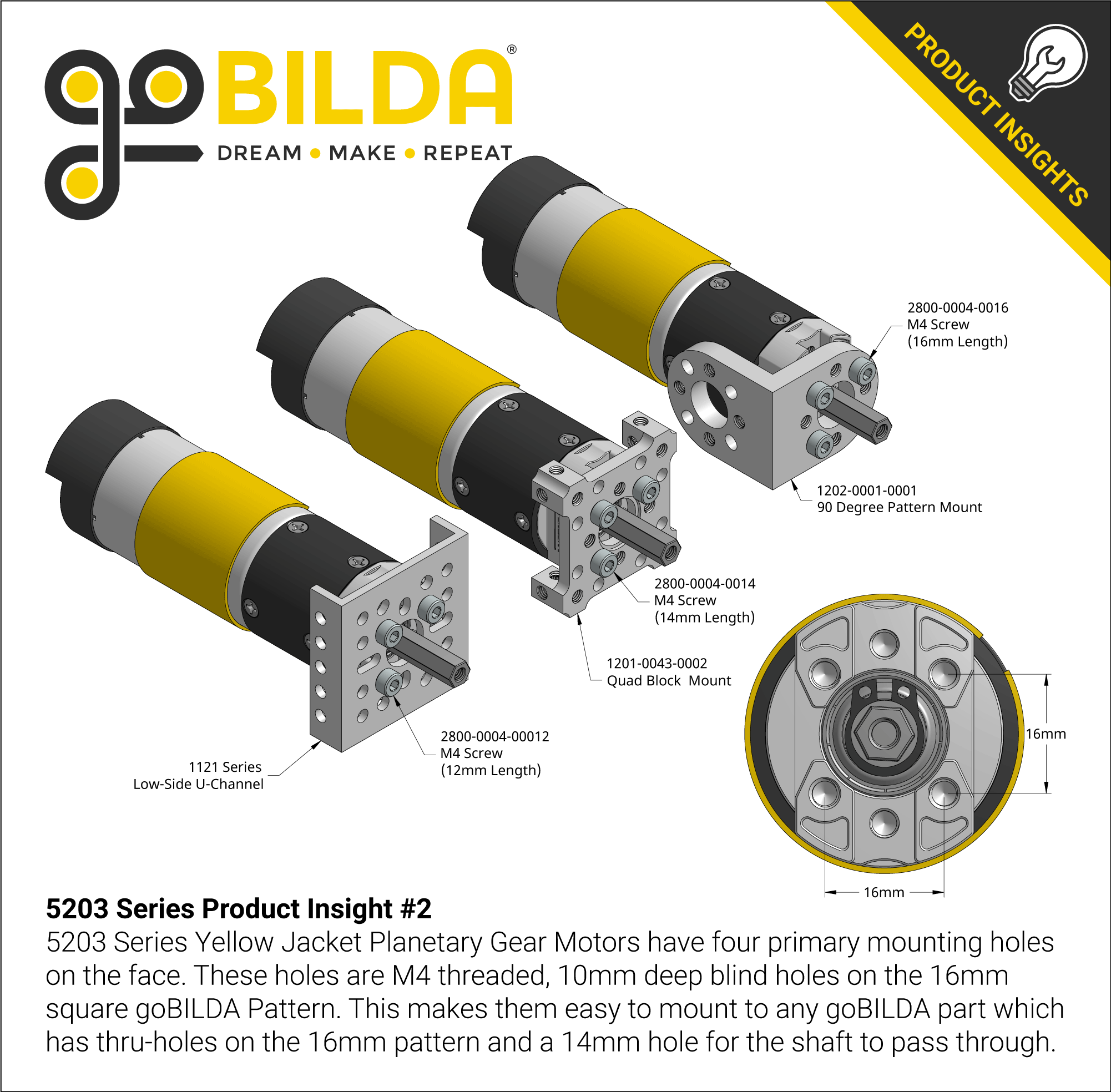 5203 Series Yellow Jacket Planetary Gear Motor (5.2:1 Ratio, 24mm