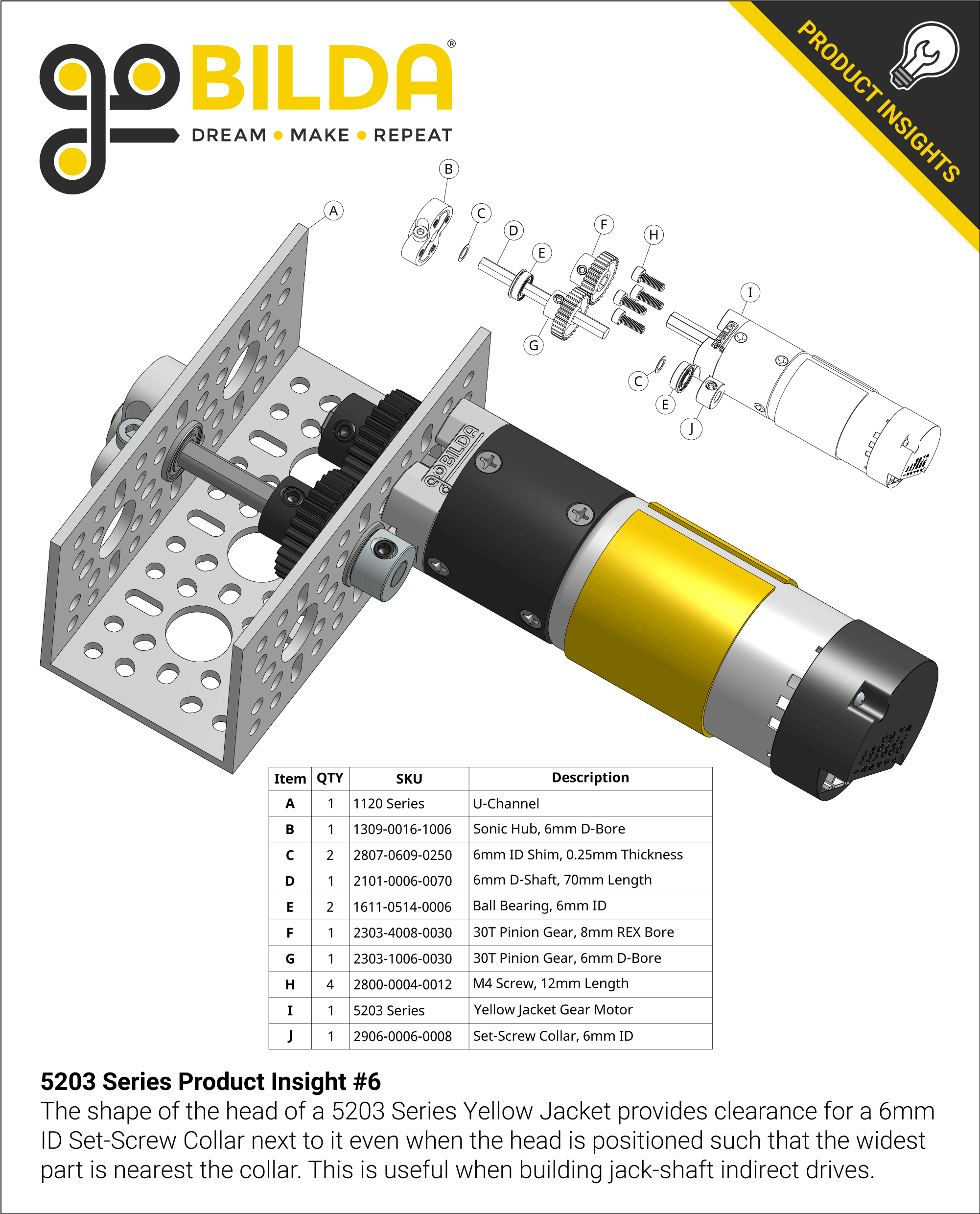 5203 Series Yellow Jacket Planetary Gear Motor (5.2:1 Ratio