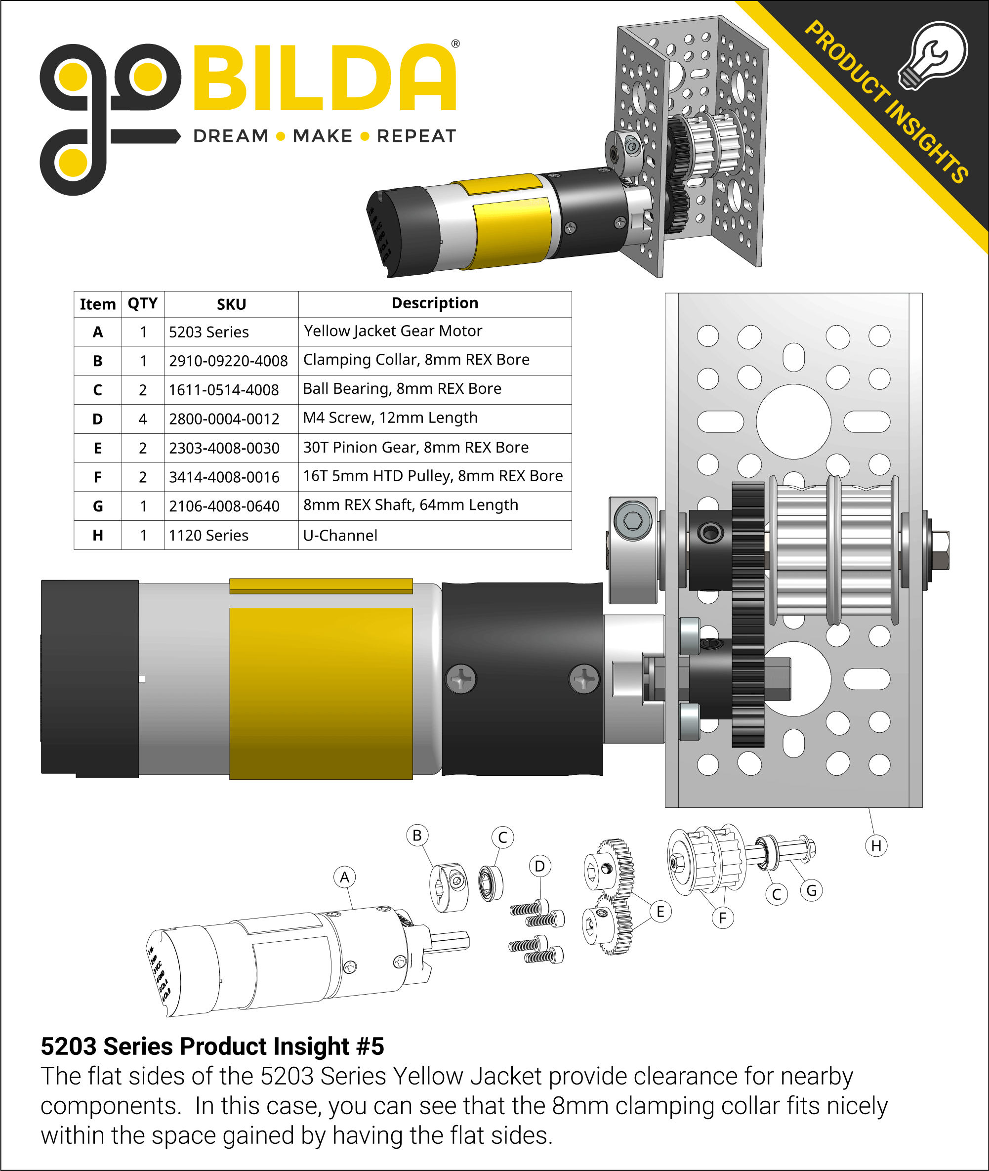 5203 Series Yellow Jacket Motor (1:1 Ratio, 24mm Length 8mm REX