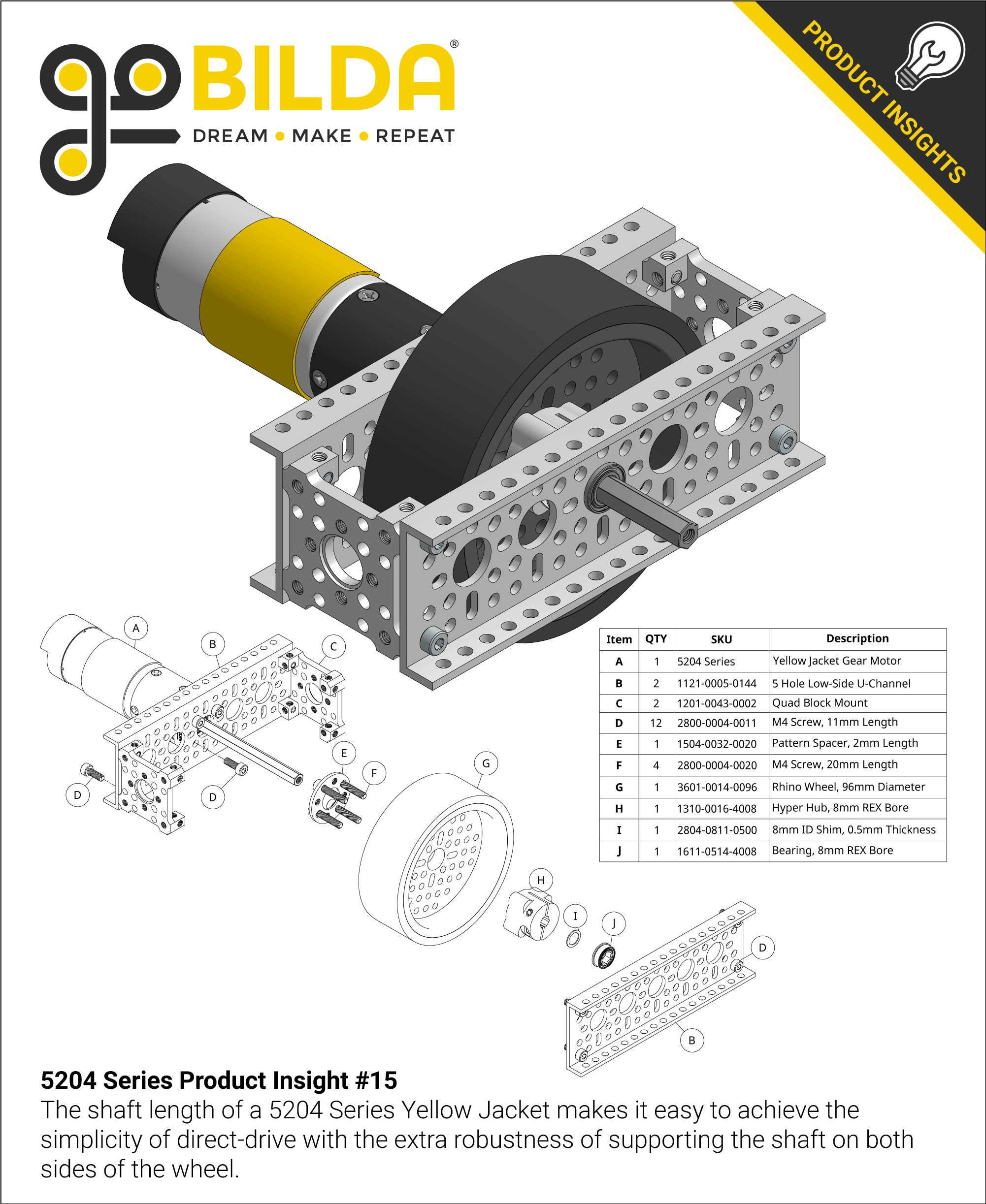5204 Series Yellow Jacket Planetary Gear Motor (5.2:1 Ratio, 80mm
