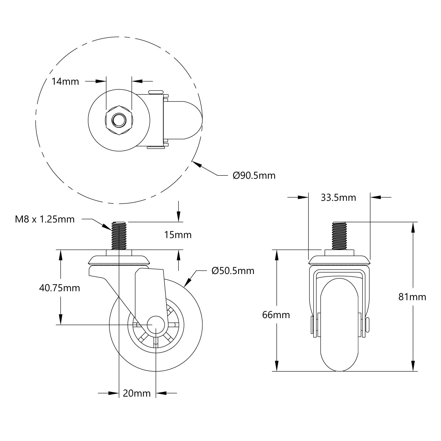 Swivel Caster Wheel (M8 x 1.25mm Male Stud) - goBILDA®