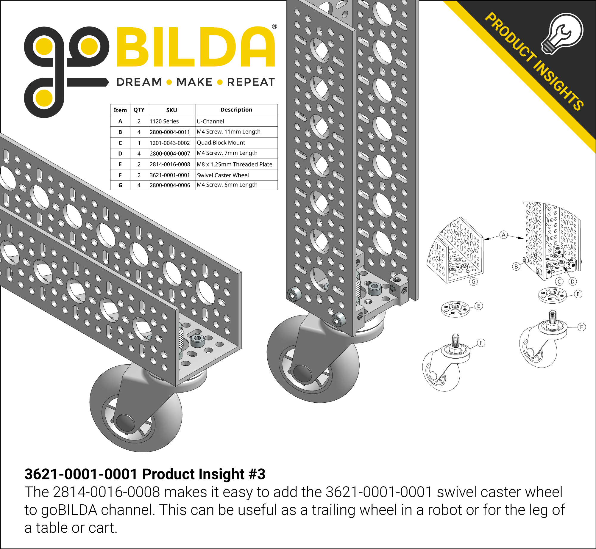 Swivel Caster Wheel (M8 x 1.25mm Male Stud) - goBILDA®