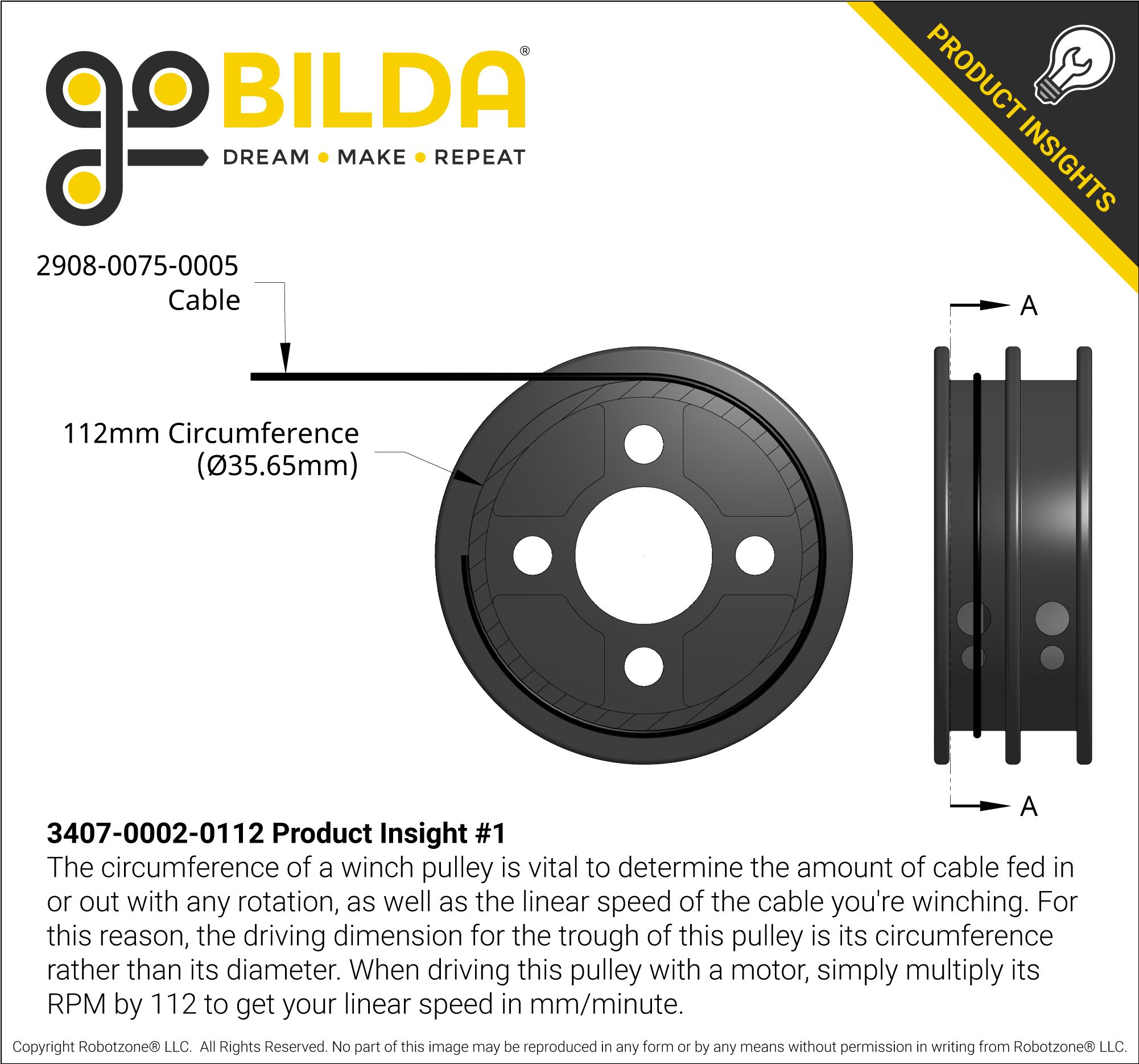 3407 Series Hub-Mount Winch Pulley (Dual Spool, 112mm Circumference) -  goBILDA®