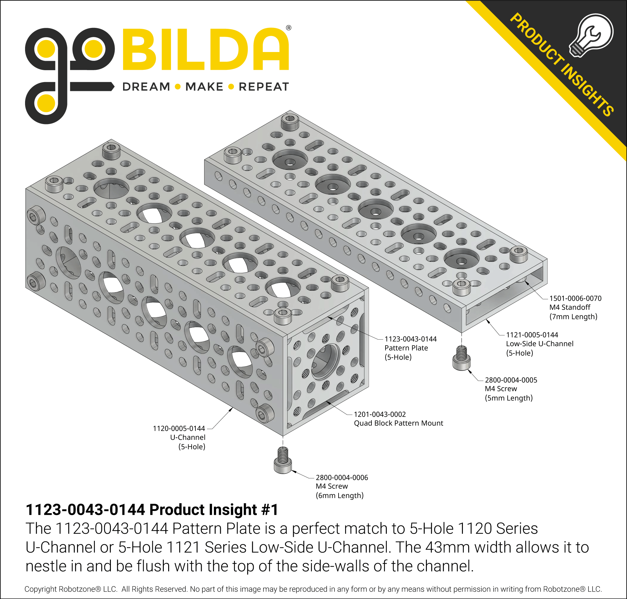 1123 Series Pattern Plate (1 x 5 Hole, 43 x 144mm) - goBILDA®