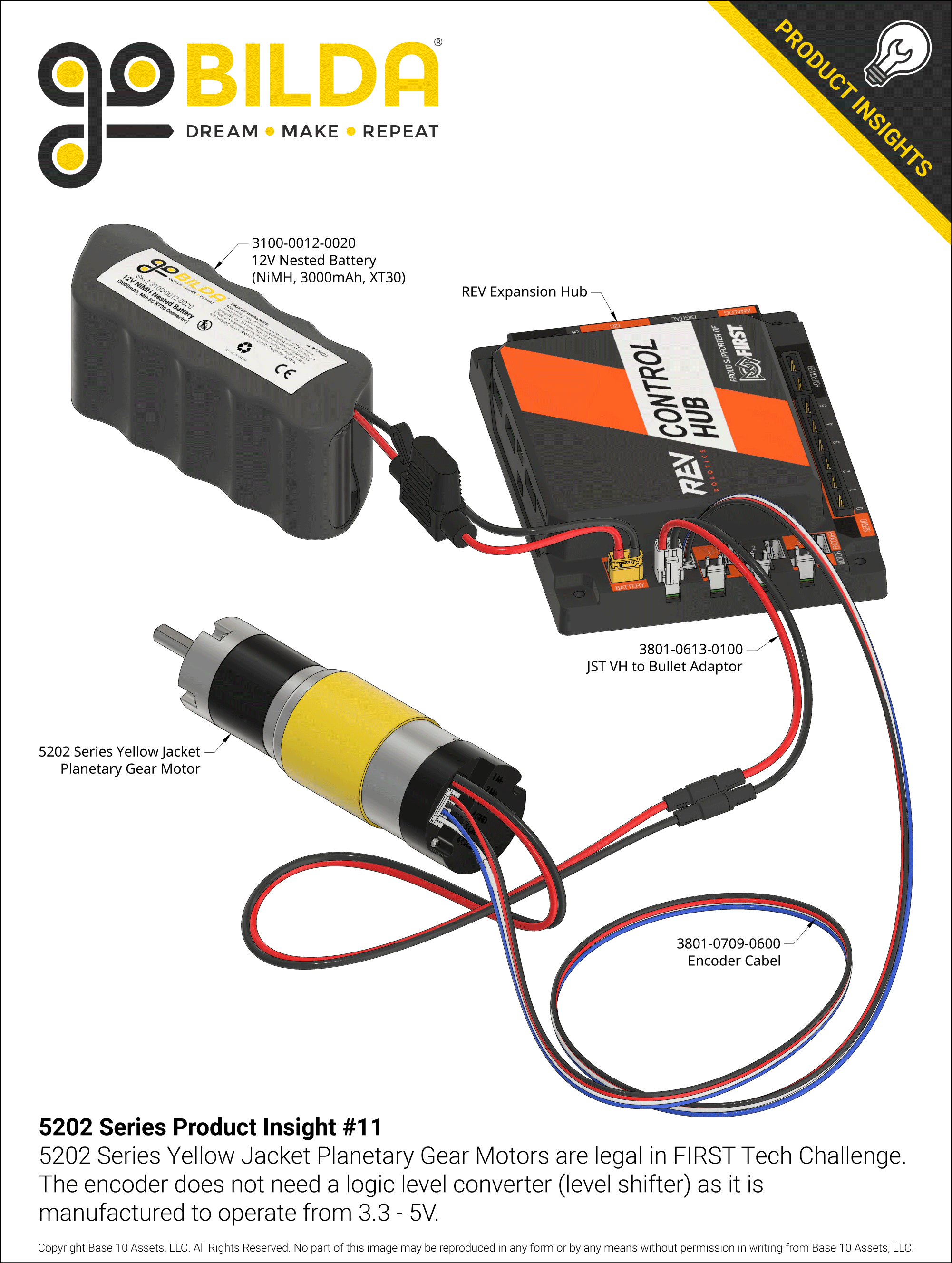5202 Series Yellow Jacket Planetary Gear Motor (99.5:1 Ratio, 24mm