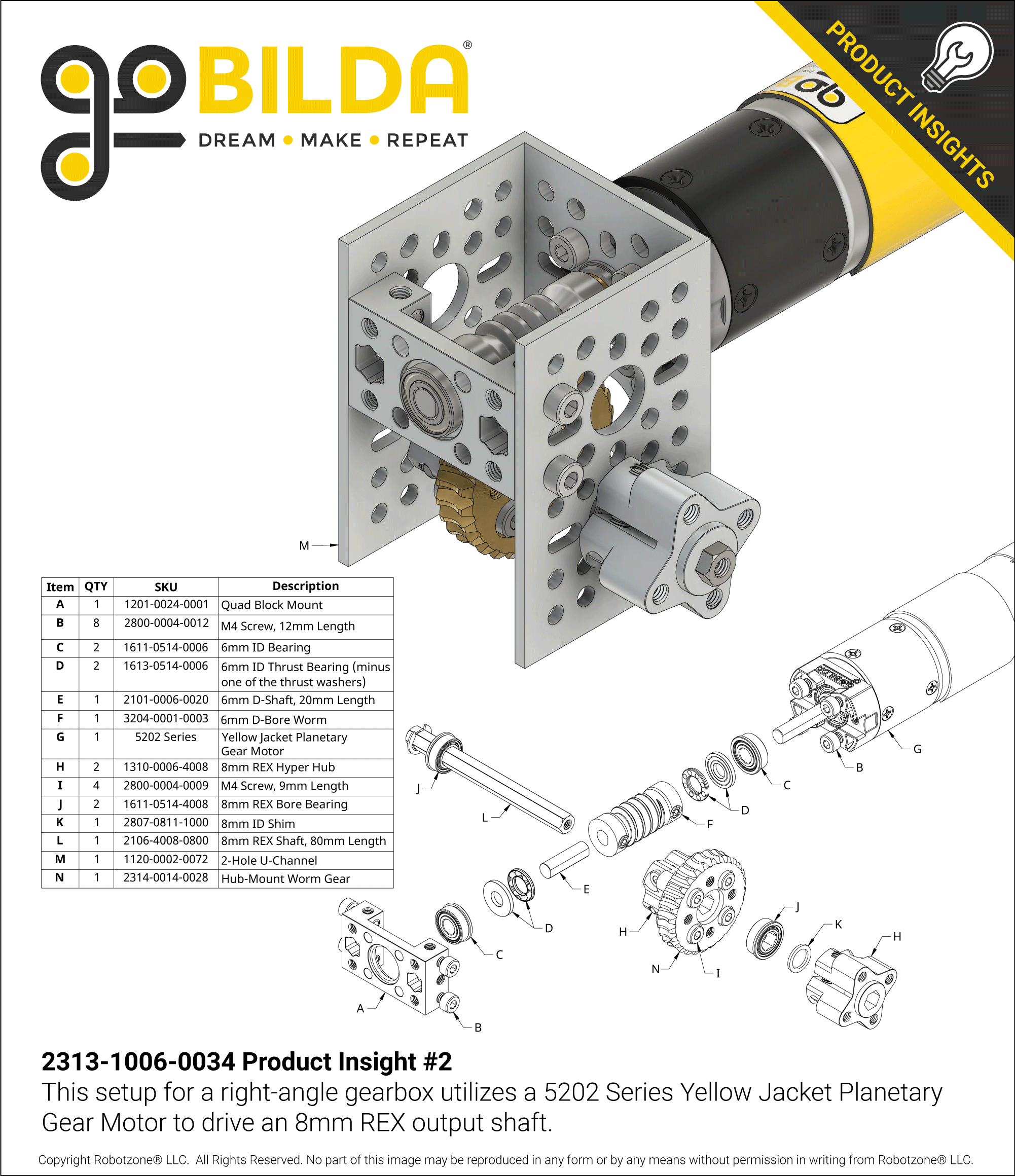 2313 Series Stainless Steel, MOD 1.25 Worm (6mm D-Bore, 34mm