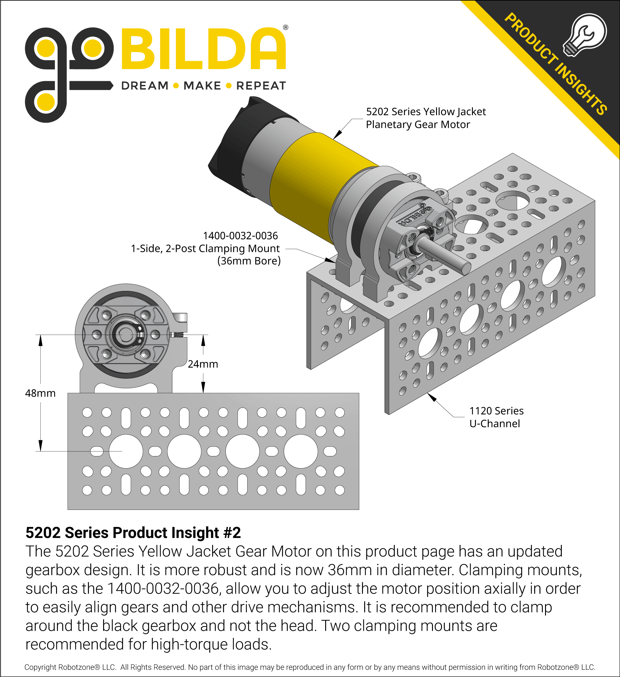 5202 Series Yellow Jacket Planetary Gear Motor (71.2:1 Ratio, 24mm Length  6mm D-Shaft, 84 RPM, ⌀36mm Gearbox, 3.3 - 5V Encoder)