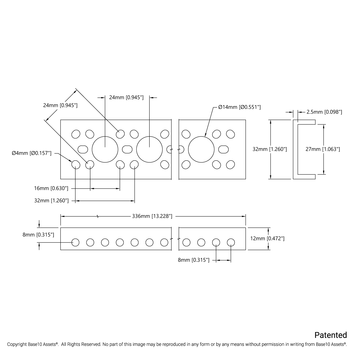 1143 Series Mini Low-Side U-Channel (13 Hole, 336mm Length)
