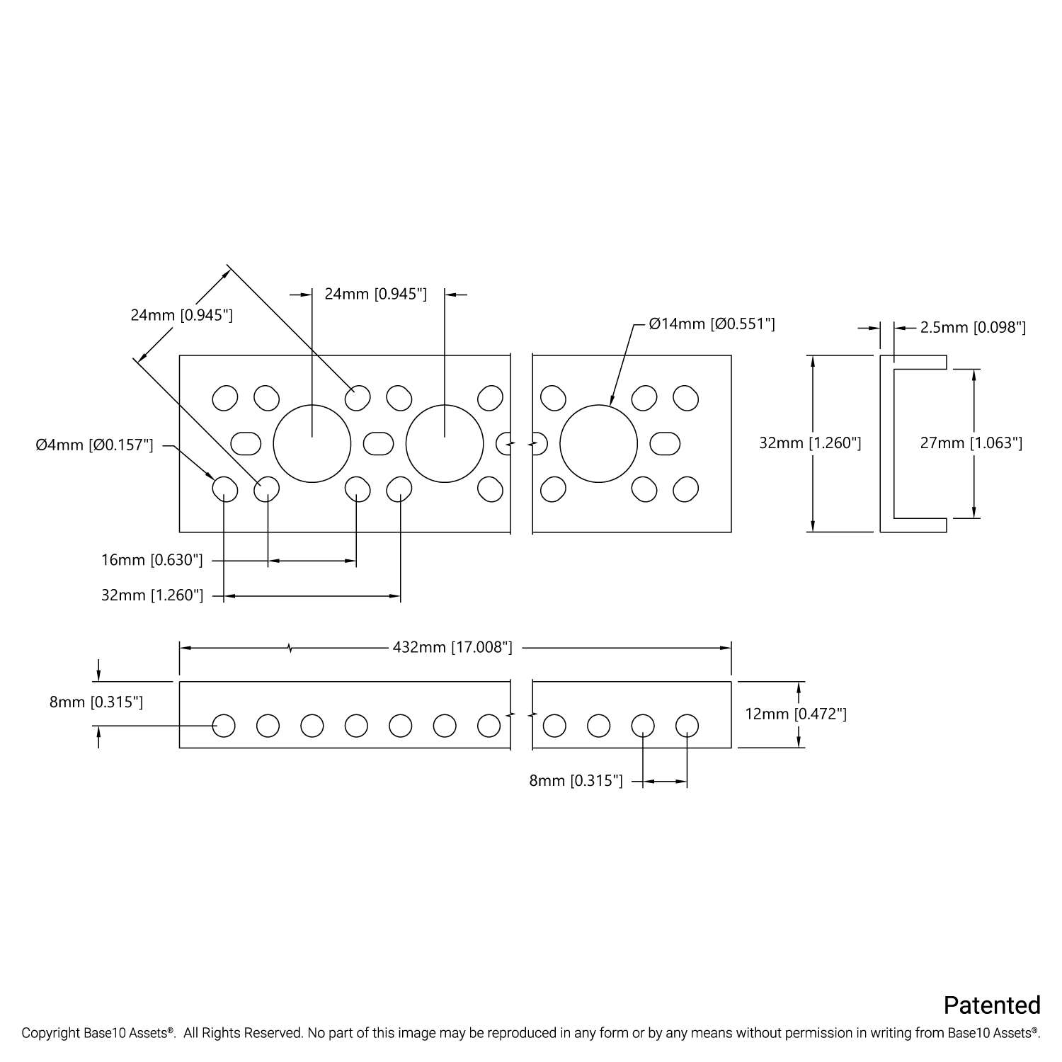 1143 Series Mini Low-Side U-Channel (17 Hole, 432mm Length) - goBILDA®