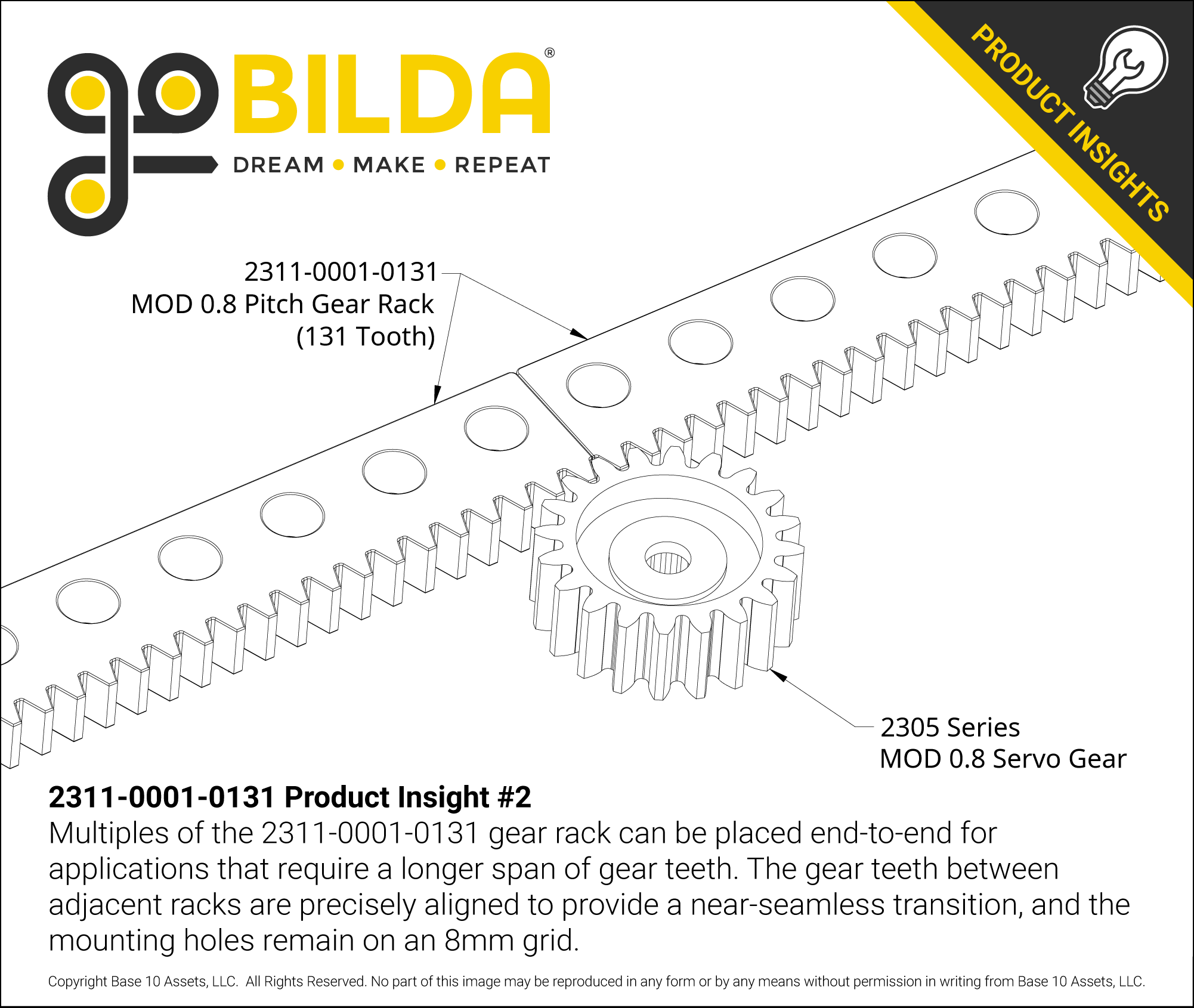 Acetal MOD 0.8 Gear Rack (131 Tooth, 41 Hole) - goBILDA®