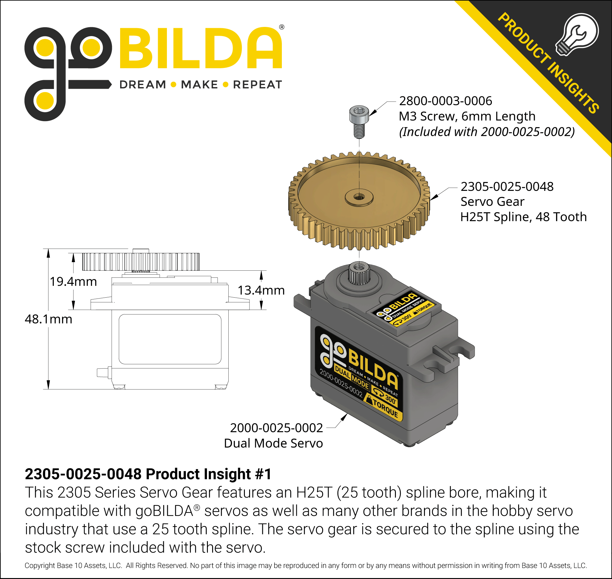 2305 Series Brass, MOD 0.8, Servo Gear (25 Tooth Spline, 48 Tooth
