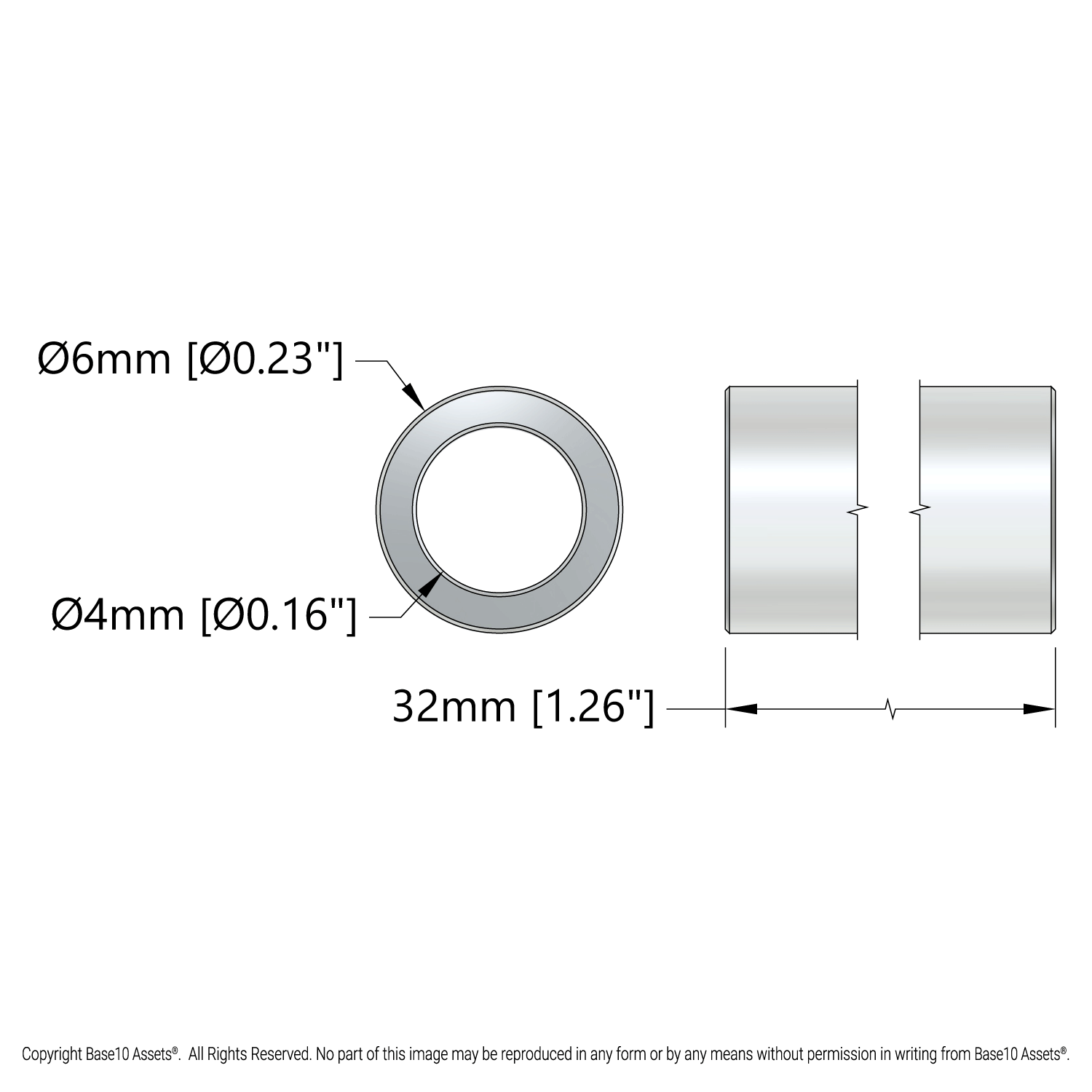 1502 Series 4mm ID Spacer (6mm OD, 32mm Length) - 4 Pack - goBILDA®
