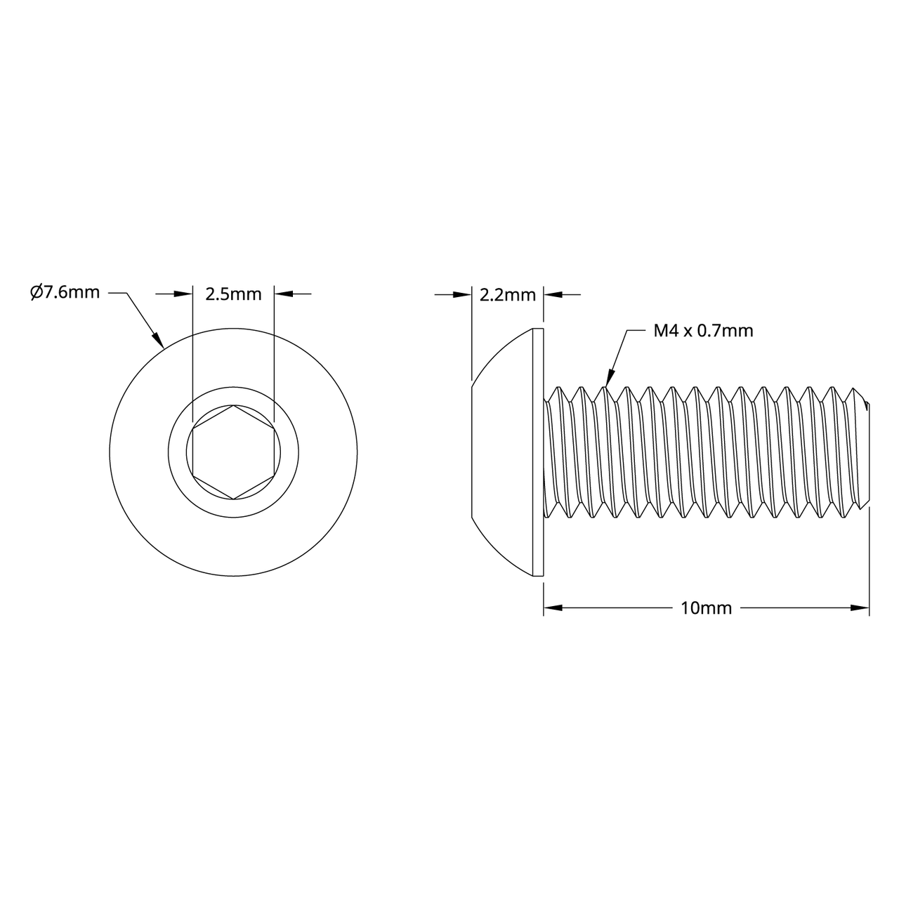 2802 Series Zinc-Plated Steel Button Head Screw (M4 x 0.7mm, 10mm