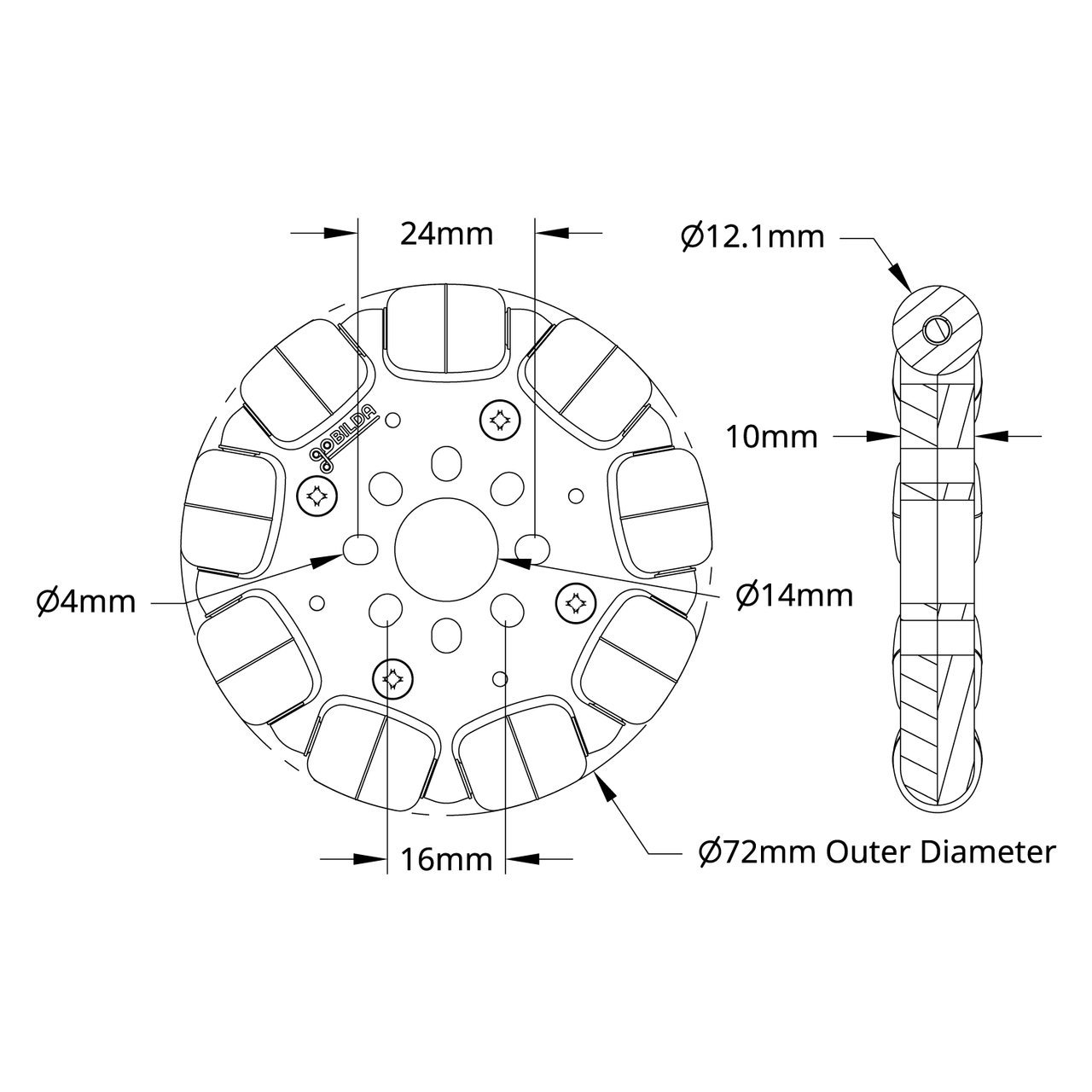 3604 Series Omni Wheel (14mm Bore, 72mm Diameter) - goBILDA®