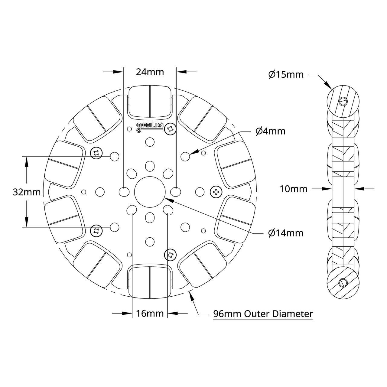 3604 Series Omni Wheel (14mm Bore, 96mm Diameter) - goBILDA®