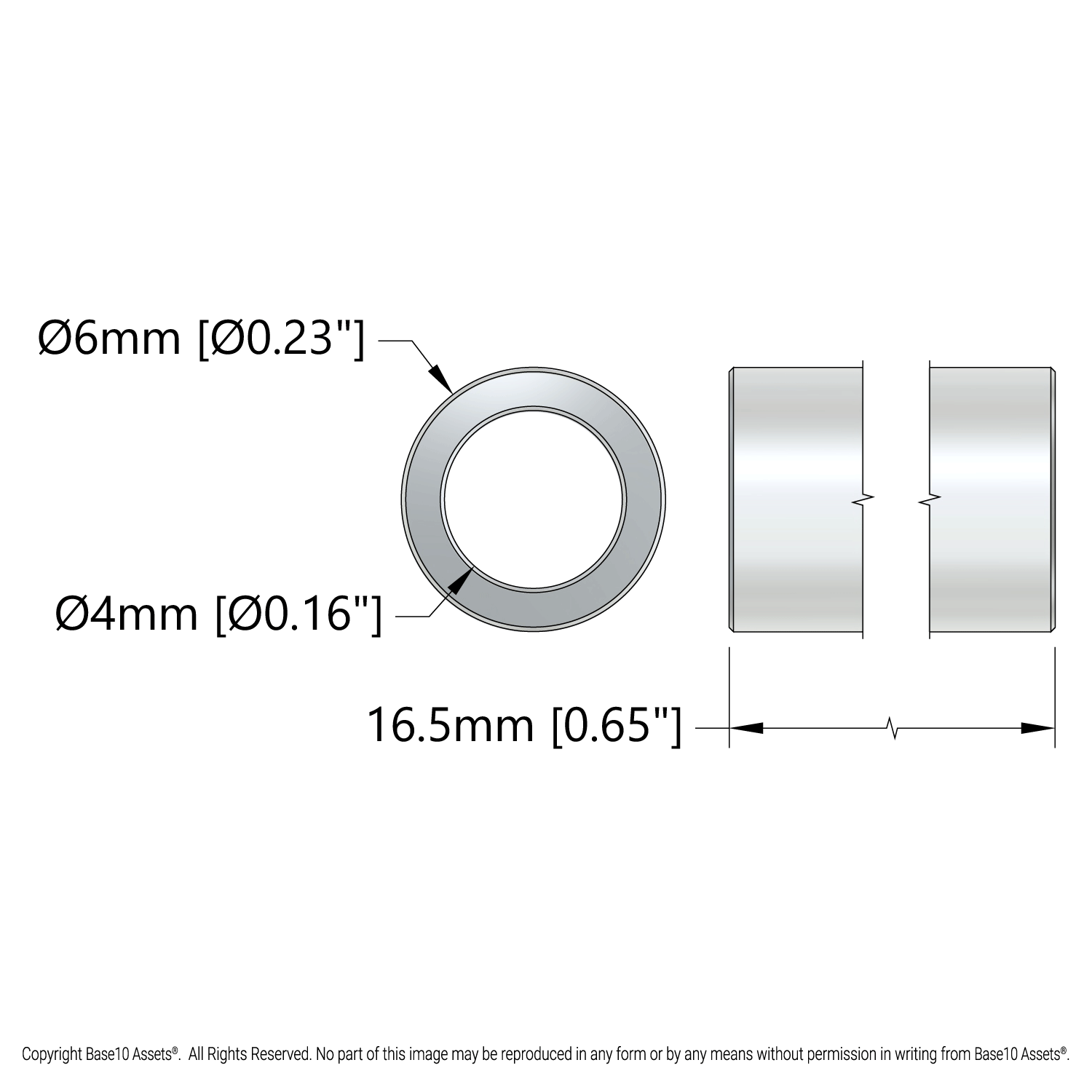 1502 Series 4mm ID Spacer (6mm OD, 16.5mm Length) - 4 Pack - goBILDA®