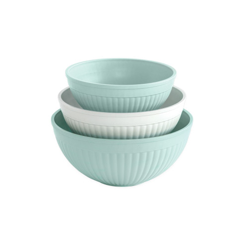Nordic Ware 3 piece seaglass and white 5 quart, 3.5 quart and 2 quart bowls on white background